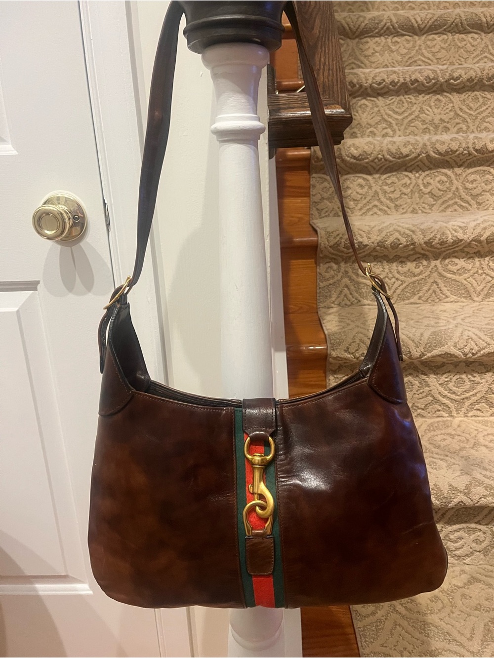 Riviera Dark Brown Leather Hobo with Red and Green Stripe & Gold Accent